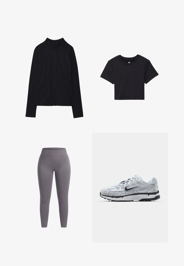 Musta vetoketjullinen takki korkealla kauluksella, valmistettu pehmeästä kankaasta. Varustettu raglan-hihoilla ja kahdella vetoketjullisella sivutaskulla. Sileä pinta.; Musta lyhythihainen croppitoppi, jossa on pyöreä kaula-aukko ja sileä kangas. Minimalistinen muotoilu, ilman näkyviä kuvioita tai koristuksia.; Harmaat legginsit, joissa on korkea, joustava vyötärö. Valmistettu sileästä, venyvästä materiaalista, ja niissä on istuva malli sekä saumatonta rakennetta.; Nike P-6000 tennarit, joissa on vaaleanharmaa verkkomateriaali, mustia yksityiskohtia ja kestävä musta kumipohja. Ominaisuuksia ovat monimutkainen muotoilu ja nauhoitusjärjestelmä.