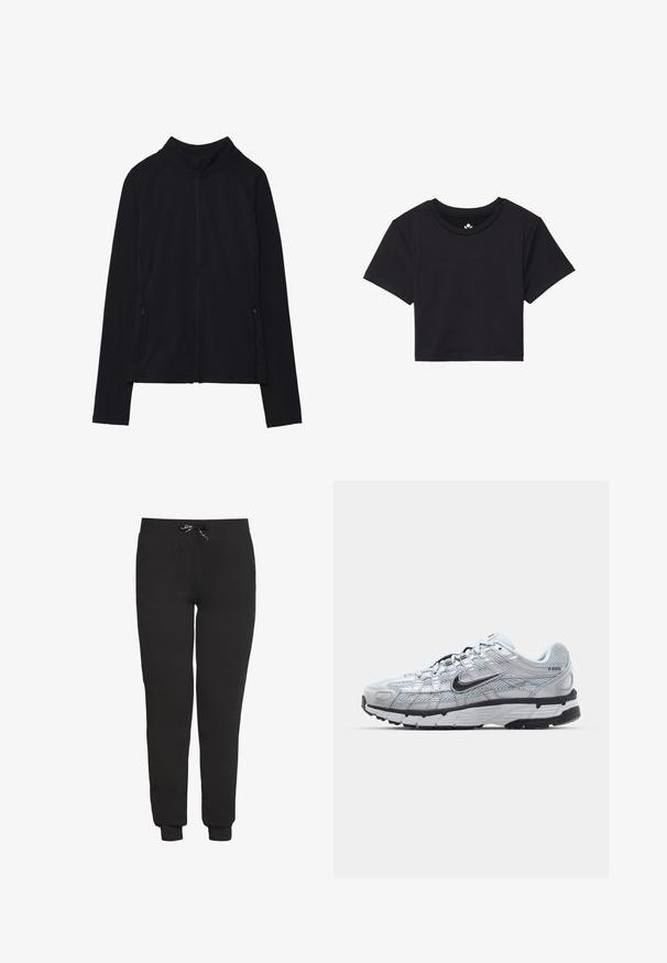 Črna zip-up jakna z visokim ovratnikom, narejena iz mehkega materiala. Ima raglan rokave in dve žepni zadrgi na straneh. Gladka tekstura.; Črna kratka majica s kratkimi rokavi, okroglim izrezom, izdelana iz gladkega blaga. Minimalističen dizajn brez vidnih vzorcev ali dodatkov.; Črne trenirke iz bombažne mešanice, z nastavljivim pasom na vrvico in rebrastimi manšetami. Preprost dizajn brez vzorcev.; Nike P-6000 športni copati z lahkim sivim mrežastim zgornjim delom, črnimi dodatki in trdim črnim gumijastim podplatom. Imajo zapleten dizajn in sistem vezalk.