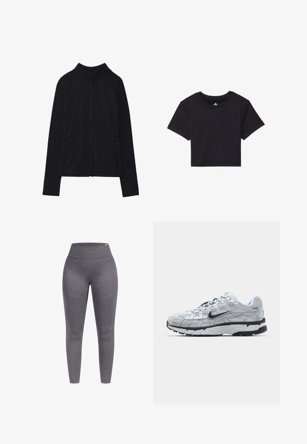 Chaqueta negra con cremallera y cuello alto, hecha de un tejido suave. Presenta mangas raglán y dos bolsillos laterales con cremallera. Textura suave.; Camiseta corta negra con mangas cortas, escote redondo, hecha de una tela suave. Diseño minimalista sin patrones o acentos visibles.; Leggings grises con una cinturilla alta, fabricados con un tejido texturizado y un ajuste ceñido. Presentan costuras suaves y un diseño de pierna ajustada.; Zapatillas Nike P-6000 con parte superior de malla gris claro, acentos negros y suela de goma negra duradera. Presentan un diseño intrincado y un sistema de cordones.