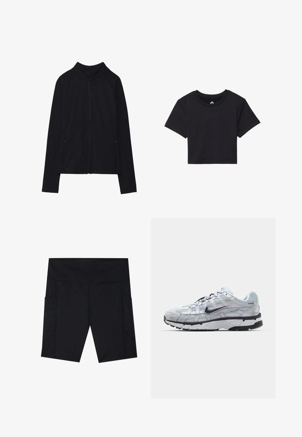 Fekete, cipzáros dzseki magas gallérral, puha anyagból készült. Raglán ujjakkal és két cipzáras oldalzsebbel rendelkezik. Simább textúra.; Fekete, rövid ujjú, cropped póló, kerek nyakkivágással, sima anyagból készült. Minimalista dizájn, látható minták vagy díszítések nélkül.; Fekete sportnadrág rugalmas, nedvszívó anyagból. Két oldalzseb és lapos varratok a kényelem érdekében.; Nike P-6000 sportcipő, világosszürke hálós felsőrésszel, fekete részletekkel és tartós fekete gumitalppal. Bonyolult dizájnnal és fűzőrendszerrel rendelkezik.