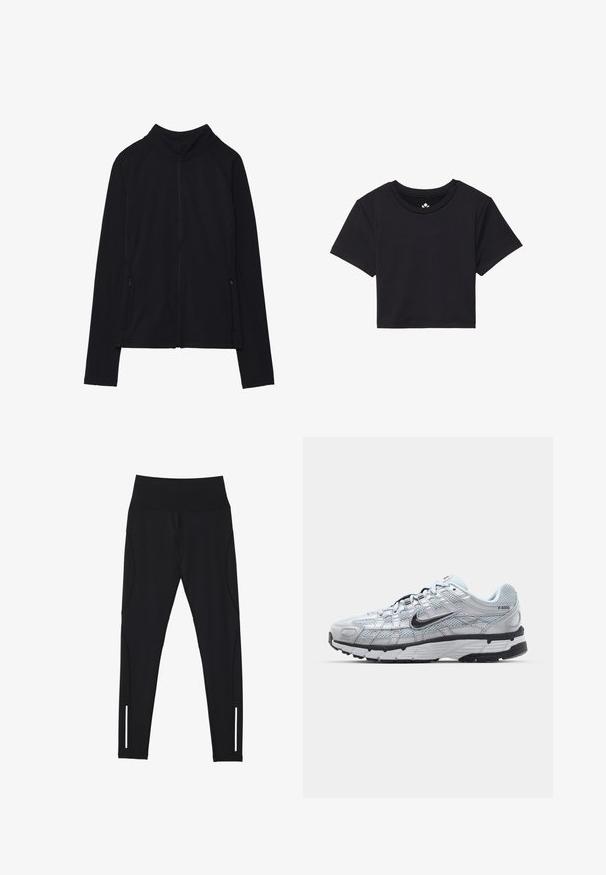 Giacca nera con zip e colletto alto, realizzata in tessuto morbido. Presenta maniche raglan e due tasche laterali con zip. Texture liscia.; T-shirt nera cropped con maniche corte, scollo rotondo, realizzata in tessuto liscio. Design minimalista senza motivi o accenti visibili.; Leggings neri realizzati in tessuto elastico, con una vita alta, cuciture laterali e dettagli riflettenti vicino alla caviglia per migliorare la visibilità.; Sneakers Nike P-6000 con una toma superiore in mesh grigio chiaro, accenti neri e una resistente suola in gomma nera. Dotati di un design intricato e di un sistema di allacciatura.