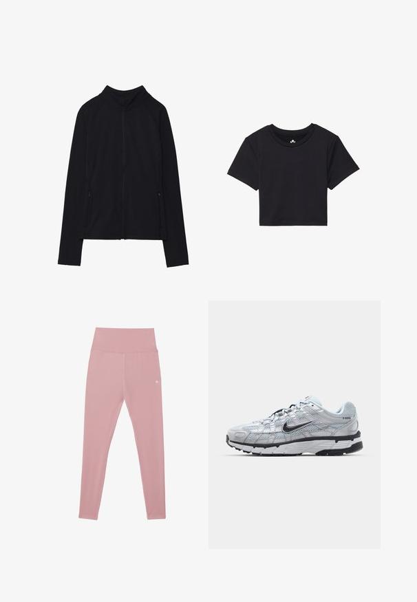 Juoda zip-up striukė su aukštu apykakle, pagaminta iš švelnios medžiagos. Su raglaninės rankovėmis ir dviem užtrauktukais uždaromais šoninių kišenėmis. Lygi tekstūra.; Juoda trumpa marškinėlių su trumpomis rankovėmis, apvaliu iškirpimu, pagaminti iš lygaus audinio. Minimalistinis dizainas be matomų raštų ar akcentų.; Rožinės, aukštai juosmens leggingės, pagamintos iš elastingos medžiagos, pasižyminčios lygiu paviršiumi ir mažo logotipo detale ties juosmeniu.; Nike P-6000 sportbačiai su šviesiai pilku tinkleliu, juodais akcentais ir patvariu juodu guminėm padais. Yra sudėtingas dizainas ir raištelių sistema.