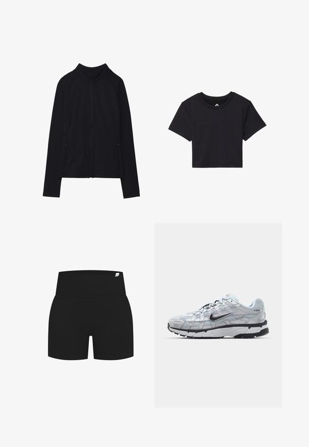 Czarna kurtka zapinana na zamek z wysokim kołnierzem, wykonana z miękkiego materiału. Posiada rękawy raglanowe oraz dwie kieszenie boczne zapinane na zamek. Gładka tekstura.; Czarna krótka koszulka z krótkimi rękawami, okrągłym dekoltem, wykonana z gładkiego materiału. Minimalistyczny design bez widocznych wzorów czy akcentów.; Czarne sportowe szorty z szerokim, żeberkowanym pasem, charakteryzujące się gładką teksturą i brakiem widocznych wzorów czy detali metalowych.; Nike P-6000 sneakers z jasnoszarym siateczkowym wierzchem, czarnymi akcentami i trwałą czarną gumową podeszwą. Charakteryzują się skomplikowanym wzornictwem i systemem sznurowania.