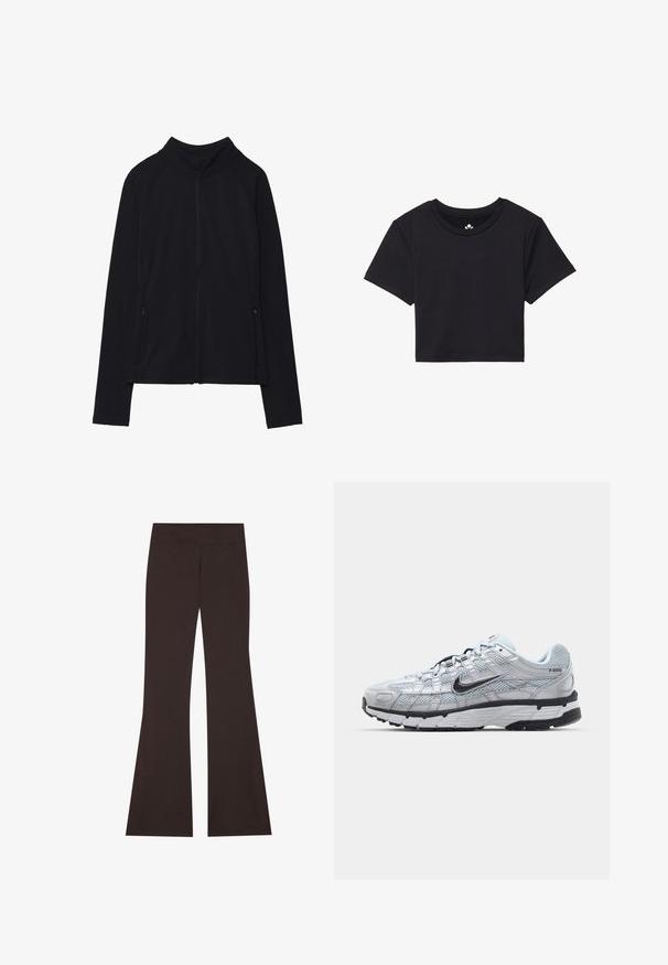 Svart zip-up jakke med høy krage, laget av mykt materiale. Har raglanerm sleeves og to glidelåslommer på siden. Jevn tekstur.; Svart kortermet t-skjorte med rund hals, laget av glatt stoff. Minimalistisk design uten synlige mønstre eller detaljer.; Brune flared bukser med bred talje, lavet af strækbart materiale. Har sidelægger ved kanten og flade sømme.; Nike P-6000 sneakers med en lys grå mesh-overdel, sorte detaljer og en slitesterk svart gummisåle. Har et intrikat design og snøresystem.