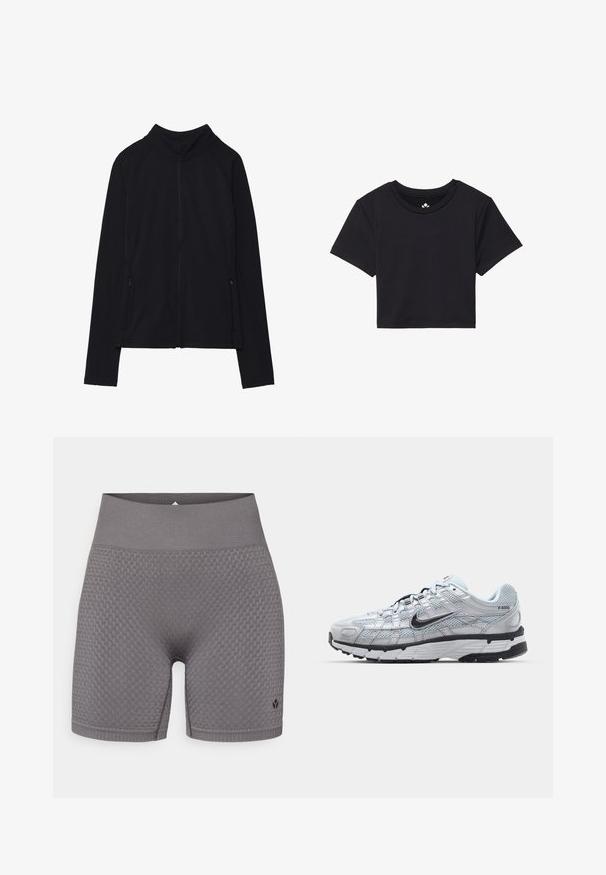 Fekete, cipzáros dzseki magas gallérral, puha anyagból készült. Raglán ujjakkal és két cipzáras oldalzsebbel rendelkezik. Simább textúra.; Fekete, rövid ujjú, cropped póló, kerek nyakkivágással, sima anyagból készült. Minimalista dizájn, látható minták vagy díszítések nélkül.; Szürke textúrájú sportnadrág széles elasztikus derékkal és diszkrét logóval a bal alsó oldalon. Az anyag mintás dizájnnal rendelkezik.; Nike P-6000 sportcipő, világosszürke hálós felsőrésszel, fekete részletekkel és tartós fekete gumitalppal. Bonyolult dizájnnal és fűzőrendszerrel rendelkezik.