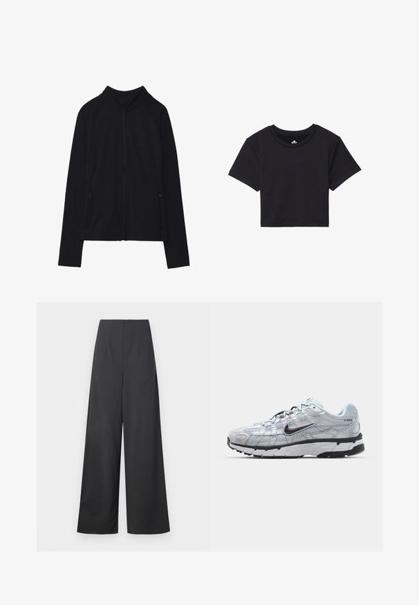 Melnā jaku ar rāvējslēdzēju, augsts apkakle, izgatavota no mīkstas auduma. Iekļautas raglan piedurknes un divas sānu kabatas ar rāvējslēdzējiem. Plūdena tekstūra.; Melna īsā T-krekla ar īsām piedurknēm, apaļo izgriezumu, izgatavots no gludas auduma. Minimālisma dizains bez redzamām faktūrām vai akcentiem.; Augstas vidukļa, platas kāju bikses tumši pelēkā audumā ar gludu faktūru. Bez redzamām kabatām vai rotājumiem.; Nike P-6000 sporta apavi ar gaiši pelēku tīkla augšdaļu, melniem akcentiem un izturīgu melnu gumijas zoli. Iekļauj sarežģītu dizainu un saites sistēmu.