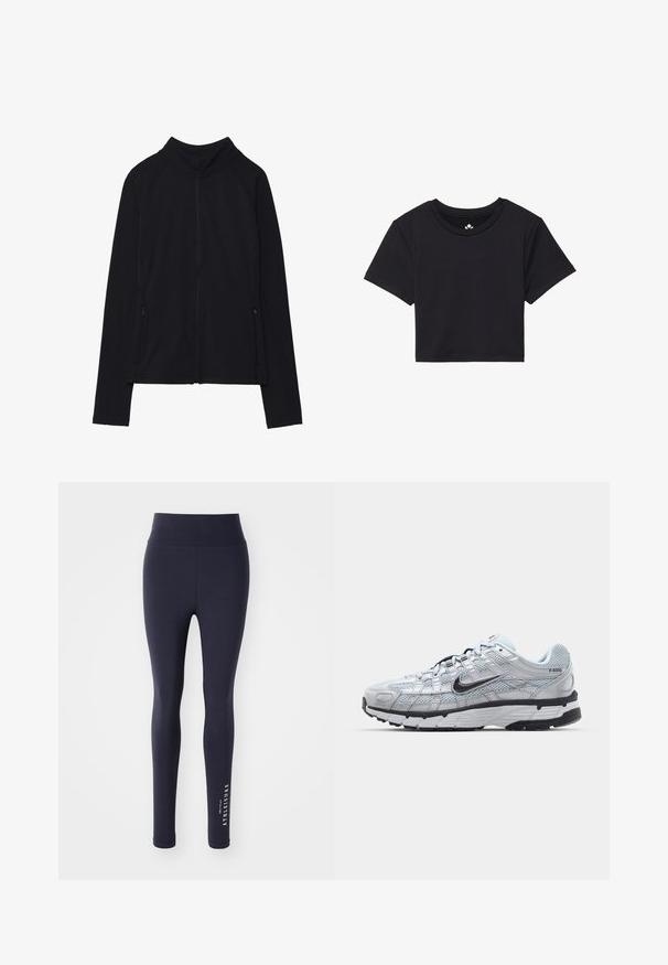 Fekete, cipzáros dzseki magas gallérral, puha anyagból készült. Raglán ujjakkal és két cipzáras oldalzsebbel rendelkezik. Simább textúra.; Fekete, rövid ujjú, cropped póló, kerek nyakkivágással, sima anyagból készült. Minimalista dizájn, látható minták vagy díszítések nélkül.; Sötétkék sportleggings magas derékkal és sima textúrával, az alsó lábszáron fehér "ONLY PLAY ATHLEISURE" felirattal.; Nike P-6000 sportcipő, világosszürke hálós felsőrésszel, fekete részletekkel és tartós fekete gumitalppal. Bonyolult dizájnnal és fűzőrendszerrel rendelkezik.