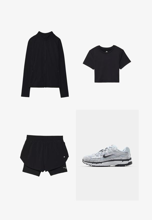 Čierna zipsová bunda s vysokým golierom, vyrobená z jemného materiálu. Má raglánové rukávy a dve bočné vrecká na zips. Hladká textúra.; Čierne skrátené tričko s krátkymi rukávmi a okrúhlym výstrihom, vyrobené z hladkej látky. Minimalistický dizajn bez viditeľných vzorov alebo akcentov.; Čierne atletické šortky s vnútornými šortkami, elastickým pásom, bočnými vreckami a detailom loga. Hladká, ľahká tkanina.; Tenisky Nike P-6000 s vrchným materiálom z jemnej šedej sieťoviny, čiernymi akcentmi a odolnou čiernou gumovou podrážkou. Obsahujú jemný dizajn a systém šnurovania.