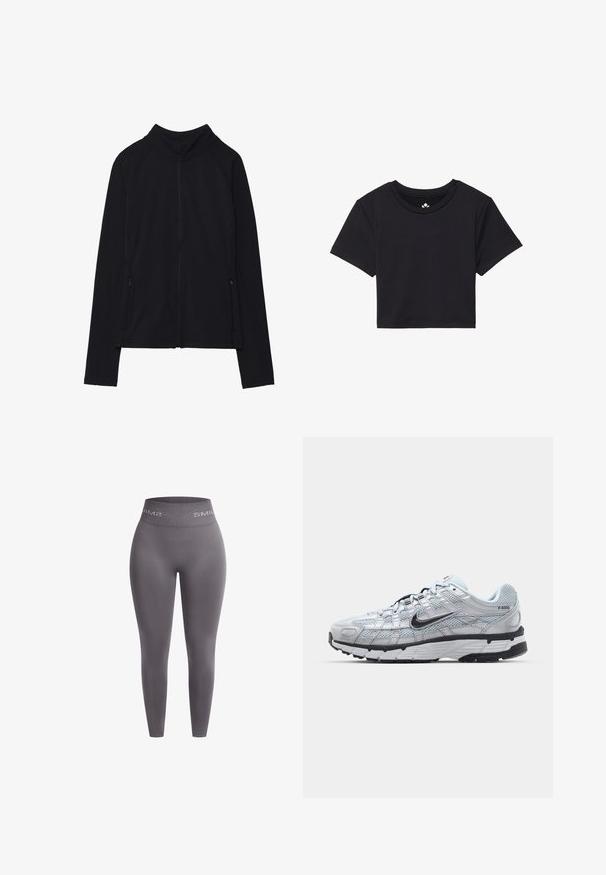 Schwarze Zip-Jacke mit hohem Kragen, aus weichem Stoff gefertigt. Verfügt über Raglanärmel und zwei seitliche Reißverschlusstaschen. Glatte Textur.; Schwarzes, kurzes T-Shirt mit kurzen Ärmeln, rundem Ausschnitt, aus glattem Stoff. Minimalistisches Design ohne sichtbare Muster oder Akzente.; Graue nahtlose Leggings mit einem hohen Bund, der mit weißen Markentexten versehen ist. Hergestellt aus einem dehnbaren, glatten Stoff für optimalen Tragekomfort.; Nike P-6000 Sneakers mit einem Obermaterial aus leichtem grauem Mesh, schwarzen Akzenten und einer langlebigen schwarzen Gummisohle. Verfügt über ein komplexes Design und ein Schnürsystem.