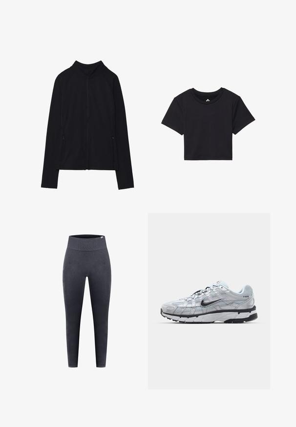Sort zip-up jakke med høj krave, lavet af blødt stof. Den har raglanærmer og to lynlåslommer på siden. Glat tekstur.; Sort cropped t-shirt med korte ærmer, rund halsudskæring, lavet af glat stof. Minimalistisk design uden synlige mønstre eller accenter.; Sorte leggings lavet af elastisk stof, med en høj talje, glat tekstur og en tætsiddende silhuet.; Nike P-6000 sneakers med en lys grå mesh overdel, sorte accenter og en holdbar sort gummisål. Har et detaljeret design og snøresystem.
