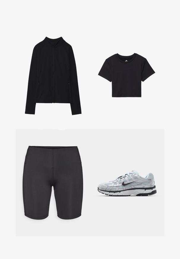 Zwarte zip-up jas met een hoge kraag, gemaakt van zacht materiaal. Voorzien van raglanmouwen en twee ritssluitingen aan de zijkant. Glad textuur.; Zwarte cropped t-shirt met korte mouwen, ronde halslijn, gemaakt van gladde stof. Minimalistisch ontwerp zonder zichtbare patronen of accenten.; Even&Odd active LOW RISE CYCLING SHORTS
- Tights - black; Nike P-6000 sneakers met een lichtgrijze mesh bovenkant, zwarte accenten en een duurzame zwarte rubberen zool. Kenmerkt zich door een ingewikkeld ontwerp en vetersysteem.