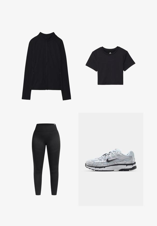 Giacca nera con zip e colletto alto, realizzata in tessuto morbido. Presenta maniche raglan e due tasche laterali con zip. Texture liscia.; T-shirt nera cropped con maniche corte, scollo rotondo, realizzata in tessuto liscio. Design minimalista senza motivi o accenti visibili.; Leggings neri con vita alta, texture liscia e design aderente. Presentano dettagli di cucitura minimali e un materiale elasticizzato.; Sneakers Nike P-6000 con una toma superiore in mesh grigio chiaro, accenti neri e una resistente suola in gomma nera. Dotati di un design intricato e di un sistema di allacciatura.