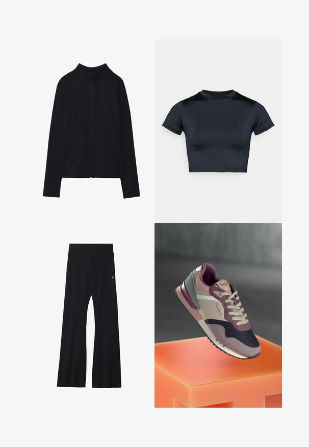 Fekete, cipzáros dzseki magas gallérral, puha anyagból készült. Raglán ujjakkal és két cipzáras oldalzsebbel rendelkezik. Simább textúra.; Rövid ujjú, crop fazonú, sötét tengerészkék felső, sima, rugalmas anyagból. Kerek nyakkivágással és minimális varrási részletekkel rendelkezik. Látható logó nélkül.; Fekete, harang alakú jóga nadrág rugalmas anyagból, széles derékrésszel és egy kis logóval a csípőnél. Sima textúrájú, minta nélkül.; Sneaker lila, rózsaszín és sötétkék árnyalatok keverékével; szövet és bőr anyagok; réteges kivitel; kiemelkedő logó és texturált részletek.