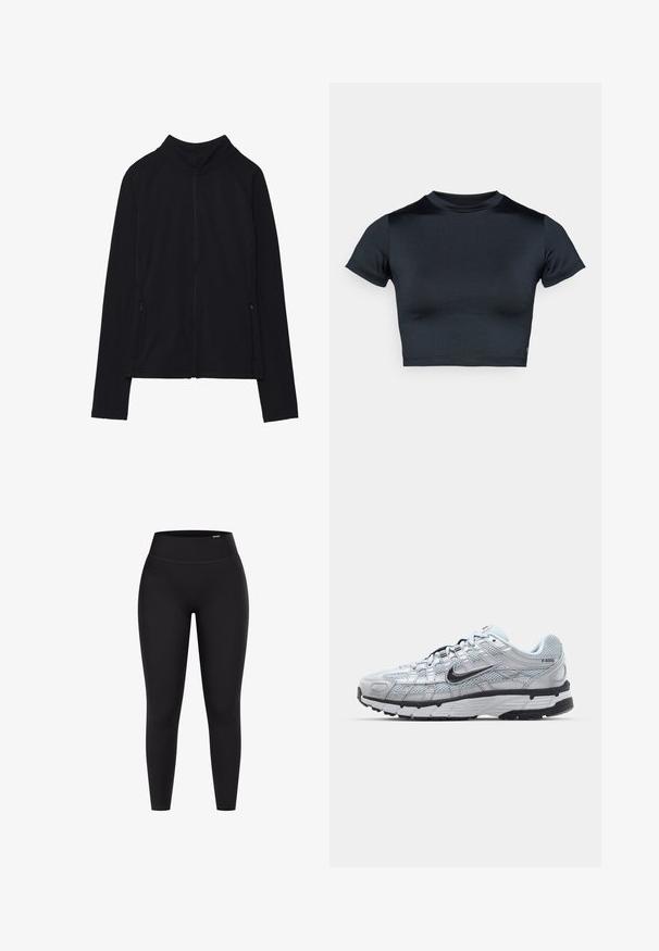Zwarte zip-up jas met een hoge kraag, gemaakt van zacht materiaal. Voorzien van raglanmouwen en twee ritssluitingen aan de zijkant. Glad textuur.; Kort mouw cropped top in donker marineblauw, gemaakt van glad, rekbaar stof. Voorzien van een ronde halslijn en minimale stikdetails. Geen zichtbare logo's.; Zwarte hoge taille legging gemaakt van rekbaar materiaal, met een gladde textuur en een aansluitend ontwerp zonder zichtbare hardware of patronen.; Nike P-6000 sneakers met een lichtgrijze mesh bovenkant, zwarte accenten en een duurzame zwarte rubberen zool. Kenmerkt zich door een ingewikkeld ontwerp en vetersysteem.