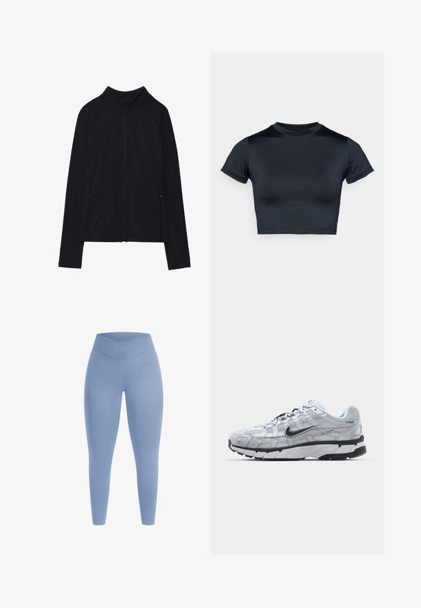 Černá bundě na zip s vysokým límcem, vyrobená z měkké látky. Má raglánové rukávy a dvě boční kapsy na zip. Hladká textura.; Krátké tričko s krátkým rukávem ve tmavě námořnické modři, vyrobené z hladké elastické látky. Má kulatý výstřih a minimální švy. Žádné viditelné loga.; Světle modré legíny s vysokým, překříženým pasem. Hladká textura, přiléhavý střih a plná délka bez vzorů či ozdob.; Tenisky Nike P-6000 s lehkou šedou síťovinou, černými akcenty a odolnou černou gumovou podrážkou. Vyznačují se složitým designem a systémem šněrování.
