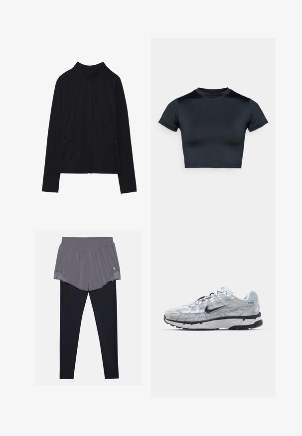 Black zip-up jacket with a high collar, made of soft fabric. Features raglan sleeves and two zippered side pockets. Smooth texture.; Short-sleeve cropped top in dark navy, made of smooth, stretch fabric. Features a round neckline and minimal stitching details. No logos visible.; Sport shorts with a pleated gray top layer and fitted black leggings underneath. Elastic waistband, lightweight fabric, and smooth texture.; Nike P-6000 sneakers with a light grey mesh upper, black accents, and a durable black rubber sole. Features intricate design and lacing system.
