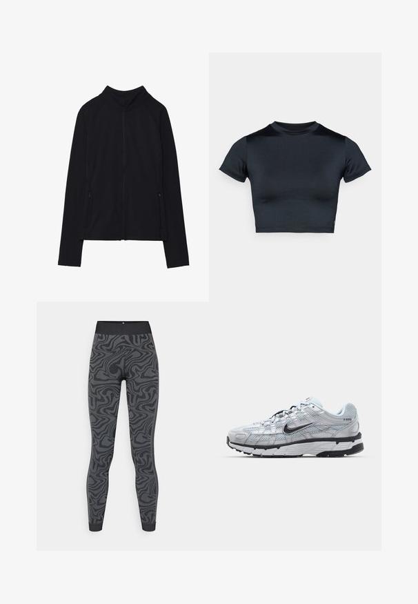 Mustmust kollane jope, millel on kõrge kaelus, valmistatud pehmest kangast. Omab raglanvarukke ja kahte lukuga küljetaskut. Sile tekstuur.; Lühikeste varrukatega lühike tume mereväe sinine topp, valmistatud siledast ja elastsetest kangast. Omab ümmargust kaelust ja minimaalseid õmbluse detaile. Logosid ei ole nähtaval.; Tumedate venituskangast retuusid, millel on tekstureeritud must pöörlev muster; istuv disain laia vöökoha ja lõpetatud varrukatega.; Nike P-6000 tenniset heleda halli võrgust pealteega, mustade aktsentidega ja vastupidava musta kummist tallaga. Omab keerukat disaini ja paeltesüsteemi.