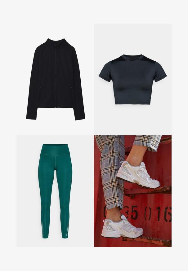 Juoda zip-up striukė su aukštu apykakle, pagaminta iš švelnios medžiagos. Su raglaninės rankovėmis ir dviem užtrauktukais uždaromais šoninių kišenėmis. Lygi tekstūra.; Tamsiai mėlynas trumpomis rankovėmis crop topas, pagamintas iš lygaus, tamprios medžiagos. Suapvalinta iškirptė ir minimalūs siuvimo detalės. Logotipų nėra.; Žalsvos spalvos tamprės su aukštu liemeniu, pagamintos iš tamprios medžiagos, su šoninėmis siūlėmis, čiurnos užtrauktukais ir atspindinčiomis detalėmis matomumui.; Balti nėriniai sportbačiai su sidabriniais akcentais ir tekstūruota padu, padėti ant raudonos paviršiaus, derinami su languotomis kelnėmis.