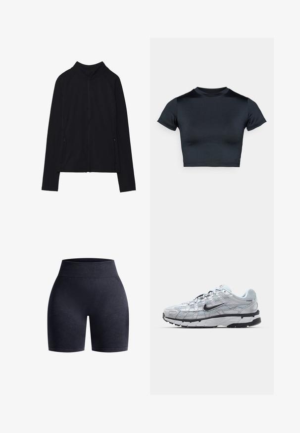 Giacca nera con zip e colletto alto, realizzata in tessuto morbido. Presenta maniche raglan e due tasche laterali con zip. Texture liscia.; Top corto a maniche corte in blu navy scuro, realizzato in tessuto liscio e elasticizzato. Presenta una scollatura tonda e dettagli di cuciture minimali. Nessun logo visibile.; Pantaloni corti neri a vita alta realizzati in tessuto testurizzato con accenti di motivo sottili, progettati per comfort e flessibilità.; Sneakers Nike P-6000 con una toma superiore in mesh grigio chiaro, accenti neri e una resistente suola in gomma nera. Dotati di un design intricato e di un sistema di allacciatura.