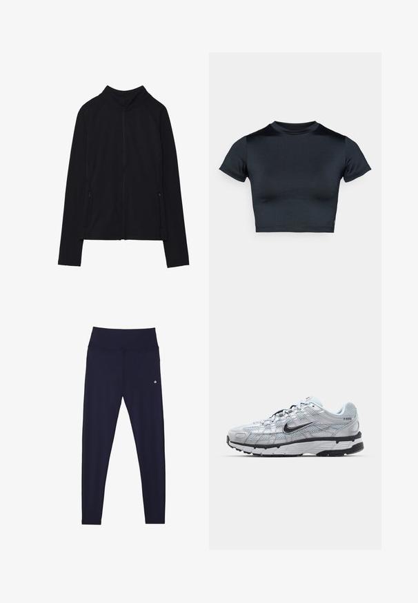 Črna zip-up jakna z visokim ovratnikom, narejena iz mehkega materiala. Ima raglan rokave in dve žepni zadrgi na straneh. Gladka tekstura.; Kratka majica s kratkimi rokavi v temno mornarsko modri barvi, izdelana iz gladkega, raztegljivega materiala. Ima okrogel izrez in minimalne šivane detajle. Brez vidnih logotipov.; Dolge hlače navy modre barve z visokim pasom, izdelane iz elastičnega materiala, z diskretnimi šivi in majhnim logotipom na spodnji levi strani.; Nike P-6000 športni copati z lahkim sivim mrežastim zgornjim delom, črnimi dodatki in trdim črnim gumijastim podplatom. Imajo zapleten dizajn in sistem vezalk.