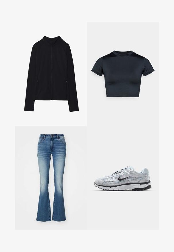 Black zip-up jacket with a high collar, made of soft fabric. Features raglan sleeves and two zippered side pockets. Smooth texture.; Short-sleeve cropped top in dark navy, made of smooth, stretch fabric. Features a round neckline and minimal stitching details. No logos visible.; Blue denim jeans with a flared design, mid-rise waist, and gradient wash that lightens from dark to light blue, featuring five-pocket styling.; Nike P-6000 sneakers with a light grey mesh upper, black accents, and a durable black rubber sole. Features intricate design and lacing system.