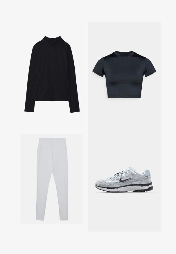 Casaco preto com fecho, com gola alta, feito de um tecido suave. Possui mangas raglan e dois bolsos laterais com fecho zip. Textura lisa.; Top cropped de manga curta em azul-marinho escuro, feito de tecido liso e elástico. Apresenta decote redondo e detalhes mínimos de costura. Sem logótipos visíveis.; Leggings brancos feitos de material elástico, apresentando uma cintura alta, textura lisa e sem costuras ou enfeites visíveis.; Ténis Nike P-6000 com um cabedal em malha cinza claro, detalhes em preto e uma sola de borracha preta durável. Apresenta um design intrincado e um sistema de atacadores.