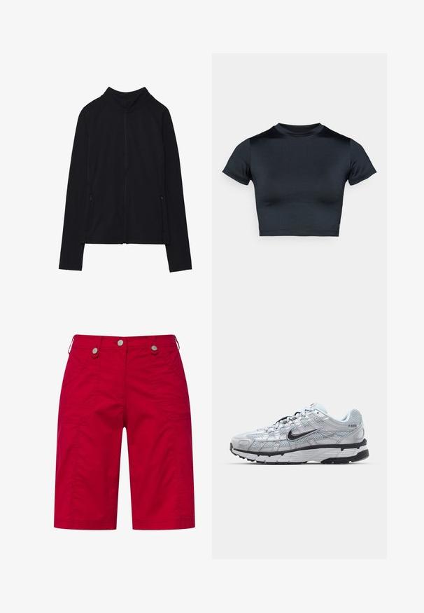 Sort zip-up jakke med høj krave, lavet af blødt stof. Den har raglanærmer og to lynlåslommer på siden. Glat tekstur.; Kortærmet cropped top i mørk navy, lavet af glat, stretchstof. Har rund halsudskæring og minimale syningsdetaljer. Ingen synlige logoer.; Røde cargo shorts lavet af bomuld med to sidelommer, dekorativ syning og sølvfarvede knaplukninger ved taljen.; Nike P-6000 sneakers med en lys grå mesh overdel, sorte accenter og en holdbar sort gummisål. Har et detaljeret design og snøresystem.