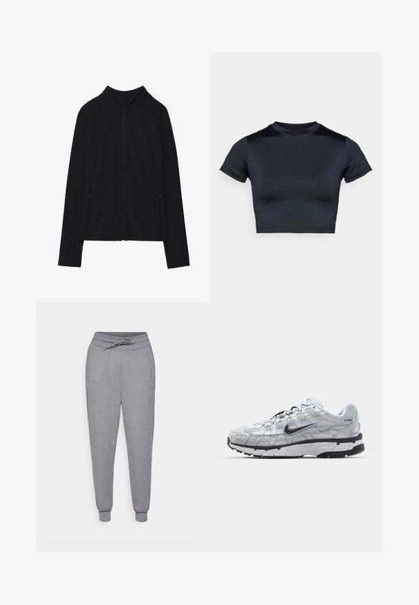 Musta vetoketjullinen takki korkealla kauluksella, valmistettu pehmeästä kankaasta. Varustettu raglan-hihoilla ja kahdella vetoketjullisella sivutaskulla. Sileä pinta.; Lyhythihainen lyhyt toppi tummansinisenä, valmistettu sileästä, joustavasta kankaasta. Pyöreä pääntie ja minimaalinen ompeludetaljit. Ei näkyviä logoja.; Harmaat tapered-collegehousut, joissa on kiristysnaruvyötärö, resorit lahkeissa ja huomaamaton Nike-logo vasemmassa reisessä. Pehmeä, tekstuuriainen kangas.; Nike P-6000 tennarit, joissa on vaaleanharmaa verkkomateriaali, mustia yksityiskohtia ja kestävä musta kumipohja. Ominaisuuksia ovat monimutkainen muotoilu ja nauhoitusjärjestelmä.