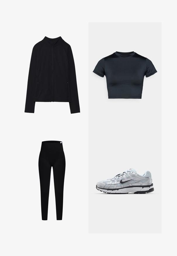 Sort zip-up jakke med høj krave, lavet af blødt stof. Den har raglanærmer og to lynlåslommer på siden. Glat tekstur.; Kortærmet cropped top i mørk navy, lavet af glat, stretchstof. Har rund halsudskæring og minimale syningsdetaljer. Ingen synlige logoer.; Sorte ribbede leggings med høj talje, der har en glat overflade og tætsiddende design, velegnet til aktiv eller afslappet brug.; Nike P-6000 sneakers med en lys grå mesh overdel, sorte accenter og en holdbar sort gummisål. Har et detaljeret design og snøresystem.