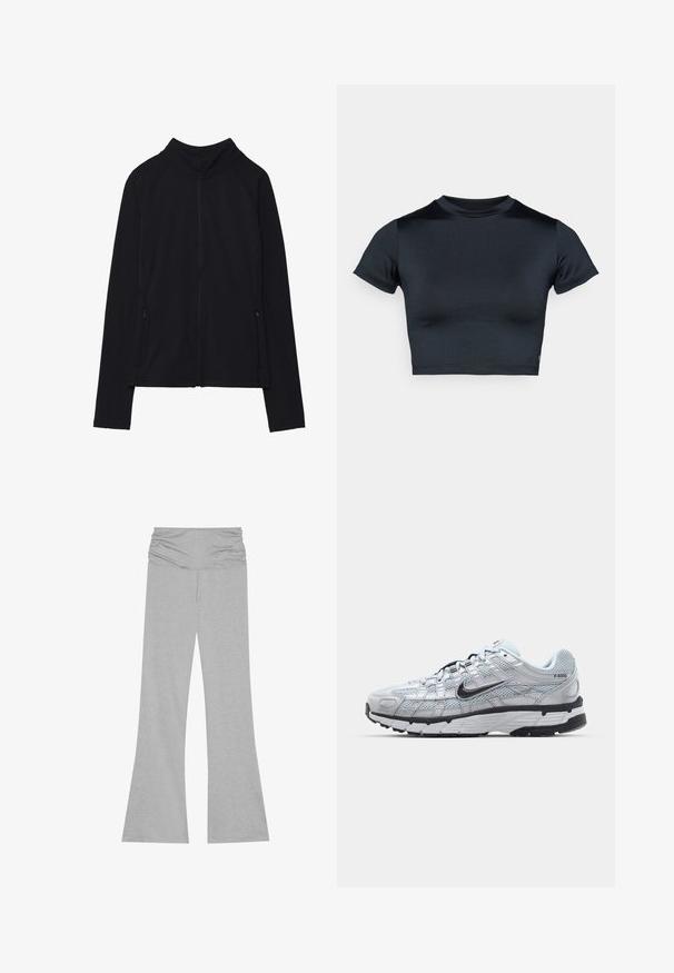 Svart zip-up jacka med hög krage, tillverkad av mjukt tyg. Har raglanärmar och två dragkedjefickor på sidan. Slät textur.; Kortärmad croppad top i mörk marinblått, gjord av mjukt, stretchigt tyg. Har rund halsringning och minimala sömnadsdetaljer. Inga synliga logotyper.; Grå flarebyxor gjorda av mjukt, elastiskt tyg. Har en rynkad midja för komfort. Slät textur med avslappnad passform genom hela byxan.; Nike P-6000 sneakers med en ljusgrå nätövre, svarta accenter och en hållbar sula i svart gummi. Har en intrikat design och snörningssystem.