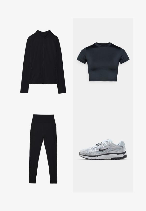 Giacca nera con zip e colletto alto, realizzata in tessuto morbido. Presenta maniche raglan e due tasche laterali con zip. Texture liscia.; Top corto a maniche corte in blu navy scuro, realizzato in tessuto liscio e elasticizzato. Presenta una scollatura tonda e dettagli di cuciture minimali. Nessun logo visibile.; Leggings neri realizzati in tessuto elasticizzato con una vita alta e a costine. Presentano tasche laterali e un design senza cuciture per un maggiore comfort.; Sneakers Nike P-6000 con una toma superiore in mesh grigio chiaro, accenti neri e una resistente suola in gomma nera. Dotati di un design intricato e di un sistema di allacciatura.