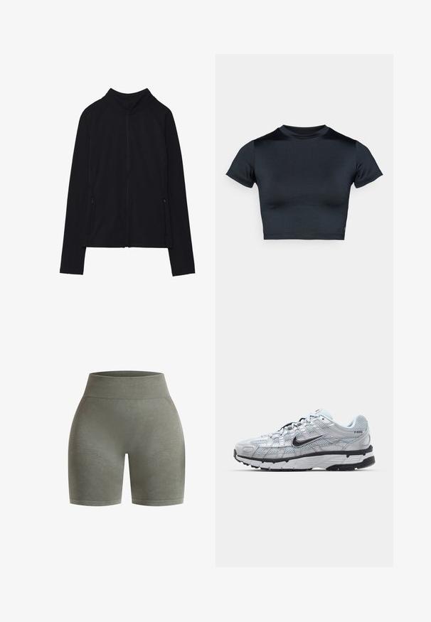 Musta vetoketjullinen takki korkealla kauluksella, valmistettu pehmeästä kankaasta. Varustettu raglan-hihoilla ja kahdella vetoketjullisella sivutaskulla. Sileä pinta.; Lyhythihainen lyhyt toppi tummansinisenä, valmistettu sileästä, joustavasta kankaasta. Pyöreä pääntie ja minimaalinen ompeludetaljit. Ei näkyviä logoja.; Korkeavyötäröiset, oliivinvihreät urheilushortsit, jotka on valmistettu sileästä kankaasta. Ne sisältävät teksturoituja yksityiskohtia ja istuvan muotoilun mukavuutta varten.; Nike P-6000 tennarit, joissa on vaaleanharmaa verkkomateriaali, mustia yksityiskohtia ja kestävä musta kumipohja. Ominaisuuksia ovat monimutkainen muotoilu ja nauhoitusjärjestelmä.
