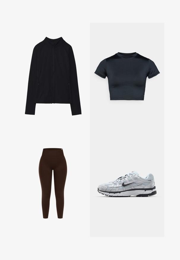 Schwarze Zip-Jacke mit hohem Kragen, aus weichem Stoff gefertigt. Verfügt über Raglanärmel und zwei seitliche Reißverschlusstaschen. Glatte Textur.; Kurzärmeliges, bauchfreies Top in Dunkelblau, hergestellt aus glattem, elastischem Stoff. Verfügt über einen runden Ausschnitt und minimale Nahtdetails. Keine sichtbaren Logos.; Braune hochgeschnittene Leggings aus dehnbarem Material, mit glatter Textur und figurbetontem Design, ohne sichtbare Muster oder Beschläge.; Nike P-6000 Sneakers mit einem Obermaterial aus leichtem grauem Mesh, schwarzen Akzenten und einer langlebigen schwarzen Gummisohle. Verfügt über ein komplexes Design und ein Schnürsystem.