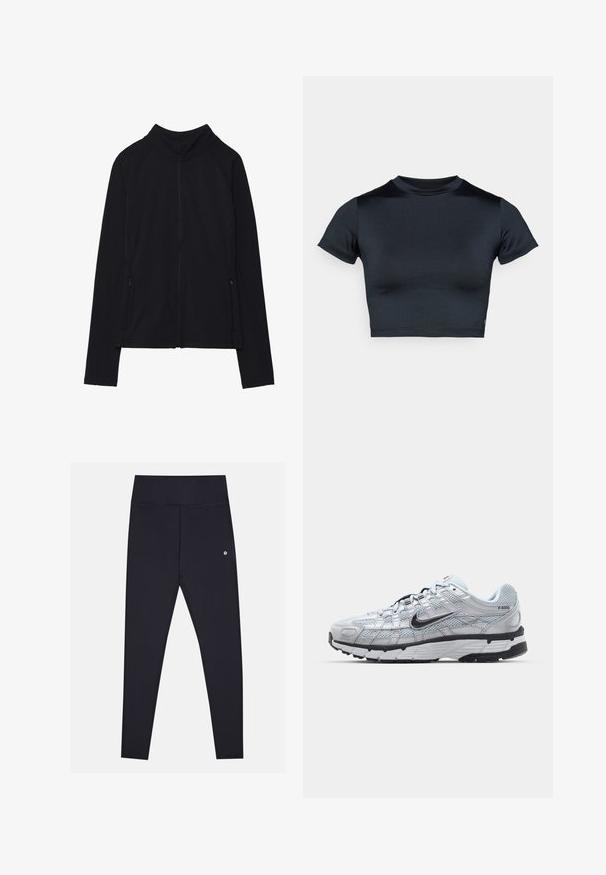 Casaco preto com fecho, com gola alta, feito de um tecido suave. Possui mangas raglan e dois bolsos laterais com fecho zip. Textura lisa.; Top cropped de manga curta em azul-marinho escuro, feito de tecido liso e elástico. Apresenta decote redondo e detalhes mínimos de costura. Sem logótipos visíveis.; Leggings pretos feitos de um tecido macio e elástico, com uma cintura alta, apresentando costuras subtis e um pequeno logotipo na lateral.; Ténis Nike P-6000 com um cabedal em malha cinza claro, detalhes em preto e uma sola de borracha preta durável. Apresenta um design intrincado e um sistema de atacadores.
