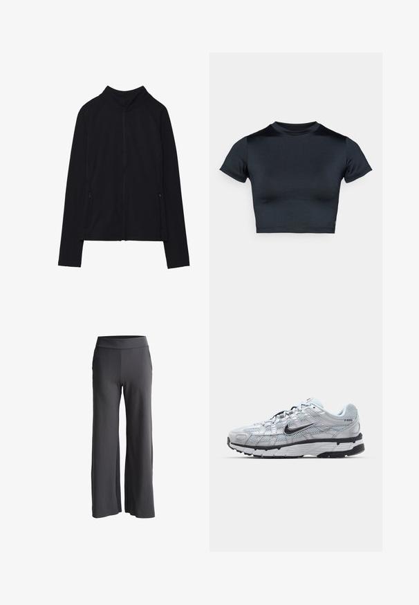 Svart zip-up jacka med hög krage, tillverkad av mjukt tyg. Har raglanärmar och två dragkedjefickor på sidan. Slät textur.; Kortärmad croppad top i mörk marinblått, gjord av mjukt, stretchigt tyg. Har rund halsringning och minimala sömnadsdetaljer. Inga synliga logotyper.; Breda byxor i mörkgrått tyg med en mjuk textur. Har en hög elastisk midjeband och sidofickor för ökad funktionalitet.; Nike P-6000 sneakers med en ljusgrå nätövre, svarta accenter och en hållbar sula i svart gummi. Har en intrikat design och snörningssystem.