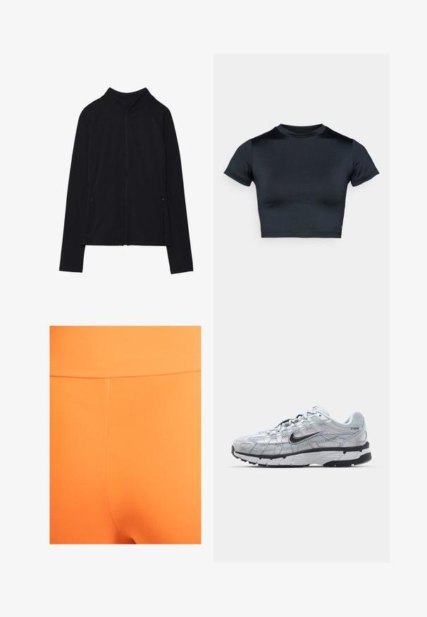 Zwarte zip-up jas met een hoge kraag, gemaakt van zacht materiaal. Voorzien van raglanmouwen en twee ritssluitingen aan de zijkant. Glad textuur.; Kort mouw cropped top in donker marineblauw, gemaakt van glad, rekbaar stof. Voorzien van een ronde halslijn en minimale stikdetails. Geen zichtbare logo's.; Oranje leggings gemaakt van zacht, rekbaar materiaal met een gladde textuur. Voorzien van een hoge tailleband en minimale stiksel details.; Nike P-6000 sneakers met een lichtgrijze mesh bovenkant, zwarte accenten en een duurzame zwarte rubberen zool. Kenmerkt zich door een ingewikkeld ontwerp en vetersysteem.