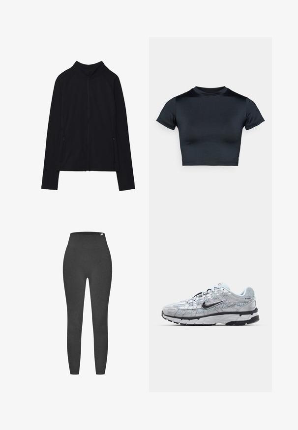 Schwarze Zip-Jacke mit hohem Kragen, aus weichem Stoff gefertigt. Verfügt über Raglanärmel und zwei seitliche Reißverschlusstaschen. Glatte Textur.; Kurzärmeliges, bauchfreies Top in Dunkelblau, hergestellt aus glattem, elastischem Stoff. Verfügt über einen runden Ausschnitt und minimale Nahtdetails. Keine sichtbaren Logos.; Hochtaillierte schwarze Leggings aus dehnbarem, strukturiertem Stoff. Sie verfügen über einen glatten Bund und eine taillierte Silhouette. Keine sichtbaren Muster.; Nike P-6000 Sneakers mit einem Obermaterial aus leichtem grauem Mesh, schwarzen Akzenten und einer langlebigen schwarzen Gummisohle. Verfügt über ein komplexes Design und ein Schnürsystem.