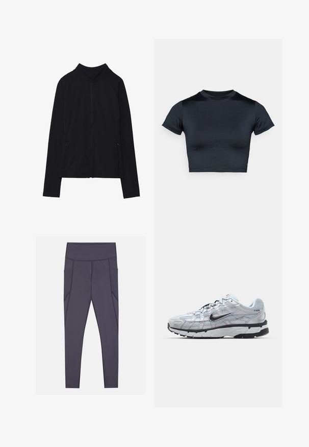 Zwarte zip-up jas met een hoge kraag, gemaakt van zacht materiaal. Voorzien van raglanmouwen en twee ritssluitingen aan de zijkant. Glad textuur.; Kort mouw cropped top in donker marineblauw, gemaakt van glad, rekbaar stof. Voorzien van een ronde halslijn en minimale stikdetails. Geen zichtbare logo's.; Donkergrijze leggings met een hoge tailleband, voorzien van zijzakken en textuurstikdetails. Gemaakt van rekbare, ademende stof.; Nike P-6000 sneakers met een lichtgrijze mesh bovenkant, zwarte accenten en een duurzame zwarte rubberen zool. Kenmerkt zich door een ingewikkeld ontwerp en vetersysteem.