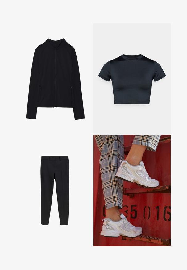 Sort zip-up jakke med høj krave, lavet af blødt stof. Den har raglanærmer og to lynlåslommer på siden. Glat tekstur.; Kortærmet cropped top i mørk navy, lavet af glat, stretchstof. Har rund halsudskæring og minimale syningsdetaljer. Ingen synlige logoer.; Sorte skræddersyede slim-fit ankel-lange bukser med bæltestropper og forlommer på en hvid baggrund.; Hvide mesh sneakers med sølvdetaljer og en struktureret sål, placeret på en rød overflade, parret med ternede bukser.