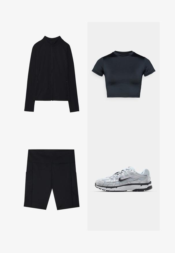 Schwarze Zip-Jacke mit hohem Kragen, aus weichem Stoff gefertigt. Verfügt über Raglanärmel und zwei seitliche Reißverschlusstaschen. Glatte Textur.; Kurzärmeliges, bauchfreies Top in Dunkelblau, hergestellt aus glattem, elastischem Stoff. Verfügt über einen runden Ausschnitt und minimale Nahtdetails. Keine sichtbaren Logos.; Schwarze Sportshorts aus dehnbarem, feuchtigkeitsableitendem Material. Mit zwei Seitentaschen und Flachnaht-Nähten für zusätzlichen Komfort.; Nike P-6000 Sneakers mit einem Obermaterial aus leichtem grauem Mesh, schwarzen Akzenten und einer langlebigen schwarzen Gummisohle. Verfügt über ein komplexes Design und ein Schnürsystem.