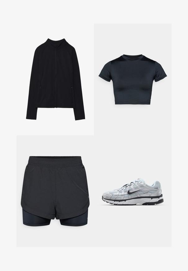 Chaqueta negra con cremallera y cuello alto, hecha de un tejido suave. Presenta mangas raglán y dos bolsillos laterales con cremallera. Textura suave.; Top corto de manga corta en azul marino oscuro, hecho de tela lisa y elástica. Presenta un escote redondo y detalles mínimos de costura. No se ven logotipos.; Pantalones cortos deportivos negros con una capa exterior que incluye un forro interior ajustado. La cintura es elástica y el tejido parece ligero y suave.; Zapatillas Nike P-6000 con parte superior de malla gris claro, acentos negros y suela de goma negra duradera. Presentan un diseño intrincado y un sistema de cordones.
