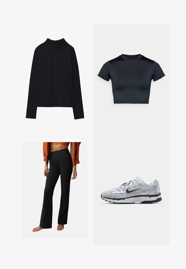 Svart zip-up jacka med hög krage, tillverkad av mjukt tyg. Har raglanärmar och två dragkedjefickor på sidan. Slät textur.; Kortärmad croppad top i mörk marinblått, gjord av mjukt, stretchigt tyg. Har rund halsringning och minimala sömnadsdetaljer. Inga synliga logotyper.; Svart ribbad utsvängd byxa med hög midja, som har en slät textur och en enkel design. Detaljer inkluderar en lätt utsvängning i fållen.; Nike P-6000 sneakers med en ljusgrå nätövre, svarta accenter och en hållbar sula i svart gummi. Har en intrikat design och snörningssystem.