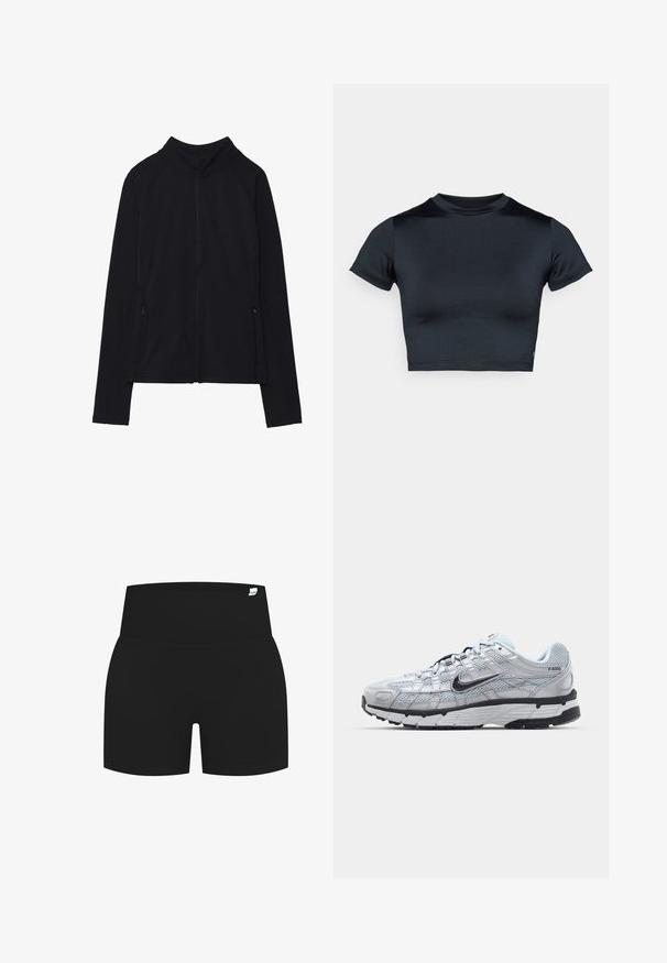 Giacca nera con zip e colletto alto, realizzata in tessuto morbido. Presenta maniche raglan e due tasche laterali con zip. Texture liscia.; Even&Odd active T-Shirt sport - black; Pantaloni sportivi neri con una ampia cintura a coste, caratterizzati da una texture liscia e senza motivi o dettagli hardware visibili.; Sneakers Nike P-6000 con una toma superiore in mesh grigio chiaro, accenti neri e una resistente suola in gomma nera. Dotati di un design intricato e di un sistema di allacciatura.