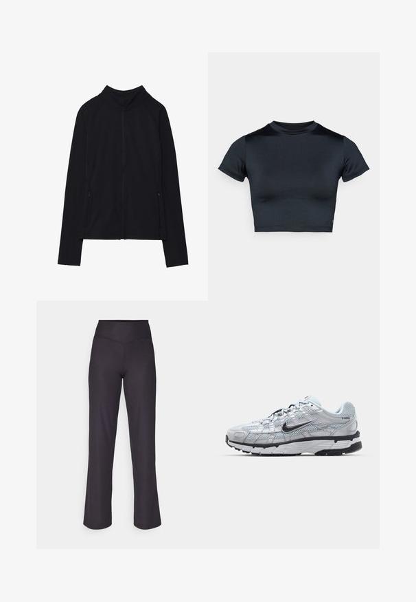 Juoda zip-up striukė su aukštu apykakle, pagaminta iš švelnios medžiagos. Su raglaninės rankovėmis ir dviem užtrauktukais uždaromais šoninių kišenėmis. Lygi tekstūra.; Tamsiai mėlynas trumpomis rankovėmis crop topas, pagamintas iš lygaus, tamprios medžiagos. Suapvalinta iškirptė ir minimalūs siuvimo detalės. Logotipų nėra.; Juodos raukšlėtos plačios kojų kelnės su aukštu elastingu juosmeniu, pasižyminčios lygiu paviršiumi ir švariais siūlais, užtikrinančiais prigludusį vaizdą.; Nike P-6000 sportbačiai su šviesiai pilku tinkleliu, juodais akcentais ir patvariu juodu guminėm padais. Yra sudėtingas dizainas ir raištelių sistema.