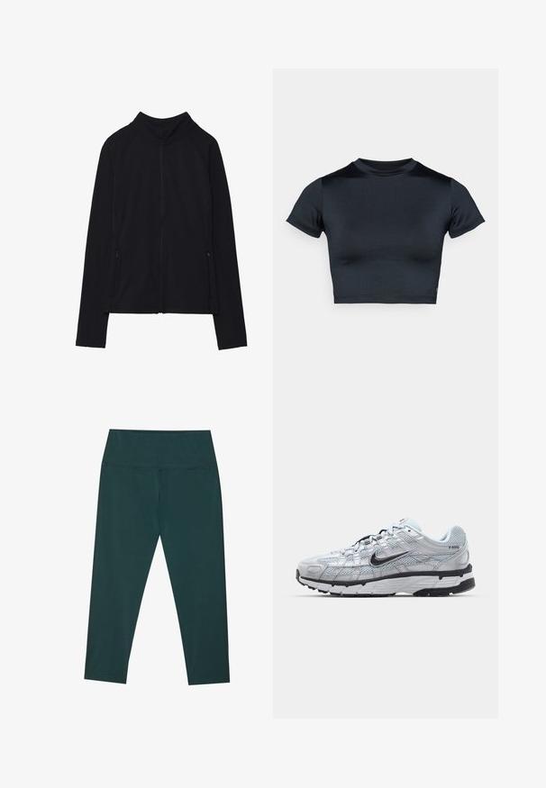 Musta vetoketjullinen takki korkealla kauluksella, valmistettu pehmeästä kankaasta. Varustettu raglan-hihoilla ja kahdella vetoketjullisella sivutaskulla. Sileä pinta.; Lyhythihainen lyhyt toppi tummansinisenä, valmistettu sileästä, joustavasta kankaasta. Pyöreä pääntie ja minimaalinen ompeludetaljit. Ei näkyviä logoja.; Tummanvihreät capri-legginsit korkealla vyötäröllä, valmistettu sileästä ja joustavasta materiaalista. Ominaisuuksina litteät saumat ja optimaalinen istuvuus.; Nike P-6000 tennarit, joissa on vaaleanharmaa verkkomateriaali, mustia yksityiskohtia ja kestävä musta kumipohja. Ominaisuuksia ovat monimutkainen muotoilu ja nauhoitusjärjestelmä.