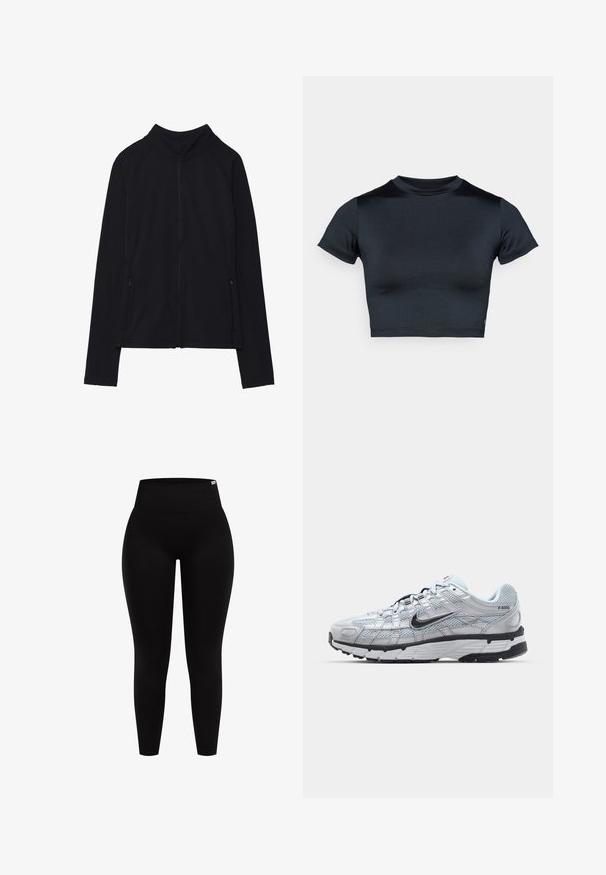 Musta vetoketjullinen takki korkealla kauluksella, valmistettu pehmeästä kankaasta. Varustettu raglan-hihoilla ja kahdella vetoketjullisella sivutaskulla. Sileä pinta.; Lyhythihainen lyhyt toppi tummansinisenä, valmistettu sileästä, joustavasta kankaasta. Pyöreä pääntie ja minimaalinen ompeludetaljit. Ei näkyviä logoja.; Mustat leggingsit, joissa on korkea, ribattu vyötärö. Valmistettu joustavasta kankaasta, jolla on sileä pinta. Istuva muotoilu vyötäröstä nilkkaan.; Nike P-6000 tennarit, joissa on vaaleanharmaa verkkomateriaali, mustia yksityiskohtia ja kestävä musta kumipohja. Ominaisuuksia ovat monimutkainen muotoilu ja nauhoitusjärjestelmä.