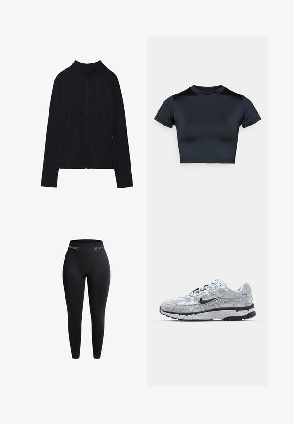 Sort zip-up jakke med høj krave, lavet af blødt stof. Den har raglanærmer og to lynlåslommer på siden. Glat tekstur.; Kortærmet cropped top i mørk navy, lavet af glat, stretchstof. Har rund halsudskæring og minimale syningsdetaljer. Ingen synlige logoer.; Sorte leggings lavet af strækbart stof med en høj elastisk talje, som har teksten "SMIL" i hvid. Glat tekstur og tætsiddende design.; Nike P-6000 sneakers med en lys grå mesh overdel, sorte accenter og en holdbar sort gummisål. Har et detaljeret design og snøresystem.