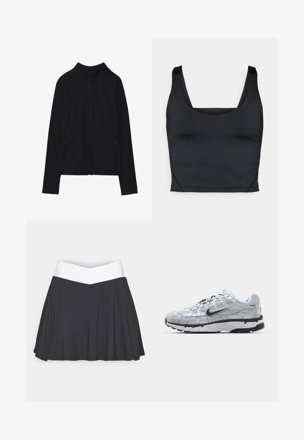 Mustmust kollane jope, millel on kõrge kaelus, valmistatud pehmest kangast. Omab raglanvarukke ja kahte lukuga küljetaskut. Sile tekstuur.; Mustast lõigatud tank top, mis on valmistatud sujuvast ja venivast kangast, laiad õlapaelad ning ruudukujuline kaelus minimaalse õmbluseDETAILidega.; Mustreeritud must skort, millel on valge ülekäimisega vöökoht. Valmistatud pehmest ja venivast kangast, millel on sirge kujundus ja sile tekstuur.; Nike P-6000 tenniset heleda halli võrgust pealteega, mustade aktsentidega ja vastupidava musta kummist tallaga. Omab keerukat disaini ja paeltesüsteemi.