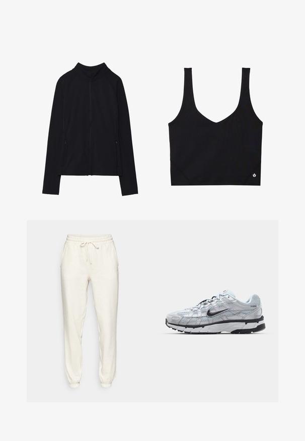 Čierna zipsová bunda s vysokým golierom, vyrobená z jemného materiálu. Má raglánové rukávy a dve bočné vrecká na zips. Hladká textúra.; Čierny športový podprsenka so širokými ramienkami, dizajnom do V, textúrovanou tkaninou a logom na leme. Hladký povrch, minimalistický štýl.; Svetlé béžové teplákové nohavice vyrobené z mäkkej tkaniny, s elastickým pásom a šnúrkou, bočnými vreckami a zúženými členkami.; Tenisky Nike P-6000 s vrchným materiálom z jemnej šedej sieťoviny, čiernymi akcentmi a odolnou čiernou gumovou podrážkou. Obsahujú jemný dizajn a systém šnurovania.