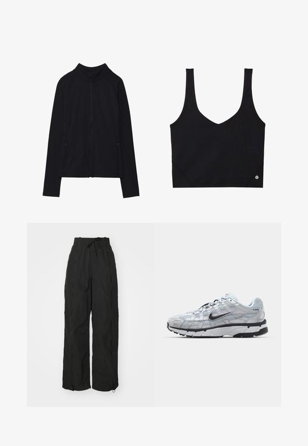 Svart zip-up jakke med høy krage, laget av mykt materiale. Har raglanerm sleeves og to glidelåslommer på siden. Jevn tekstur.; Svart sports-bh med brede stropper, V-halsdesignet, teksturert stoff og logodetalj ved kanten. Glatt overflate, minimalistisk stil.; Sorte, vide bukser laget av lett, teksturert stoff. Har elastisk linning, snorer detaljer og glidelås ved anklene.; Nike P-6000 sneakers med en lys grå mesh-overdel, sorte detaljer og en slitesterk svart gummisåle. Har et intrikat design og snøresystem.